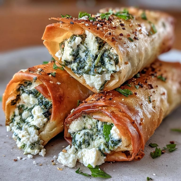 A hand holds a freshly fried Spanakopita Spring Roll revealing flaky crust and vibrant spinach feta filling inside.