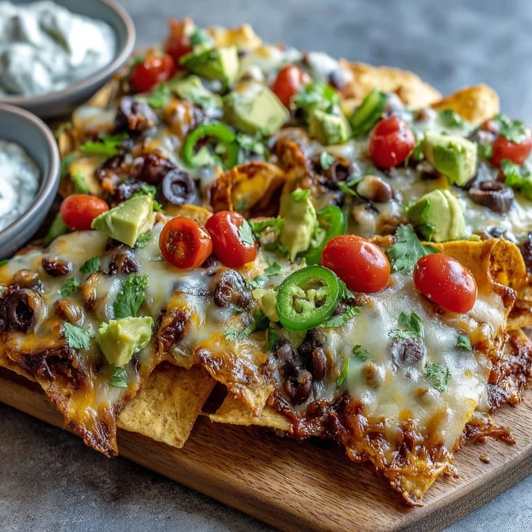 Freshly baked Tex-Mex Baked Nachos featuring black beans, olives, and diced avocado for a colorful meal.