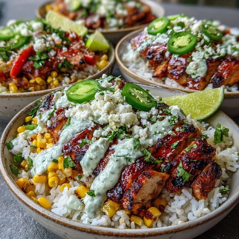 Fresh lime wedges and sliced jalapeños garnish a colorful serving of Street Corn Chicken and Rice Bowls for a zesty finish.