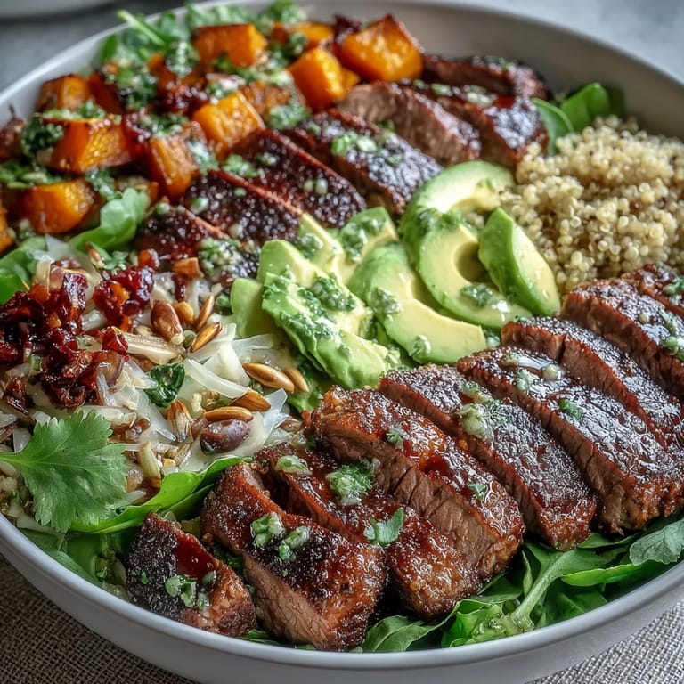 Golden, caramelized butternut squash steak bowls served with smoky steak slices, red onion, and vibrant greens.