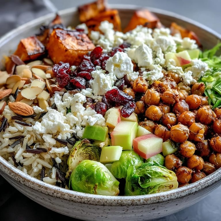 Fall Harvest Bowl featuring wild rice, crispy chickpeas, sliced celery, creamy feta, and a drizzle of dressing.