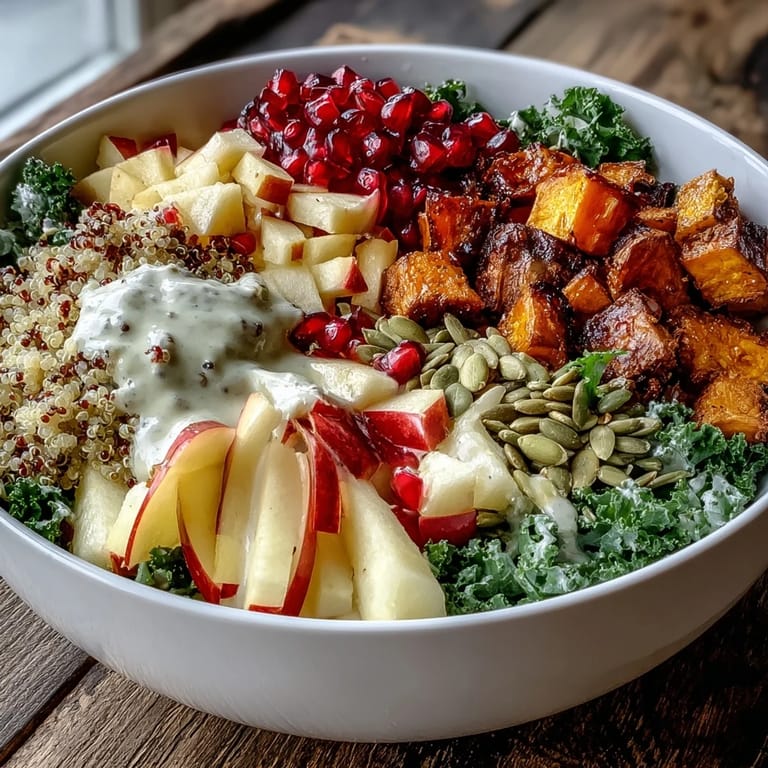 Vegan-friendly Kale Harvest Grain Bowl with fluffy quinoa, tender kale, roasted sweet potatoes, diced apple, and pomegranate seeds.