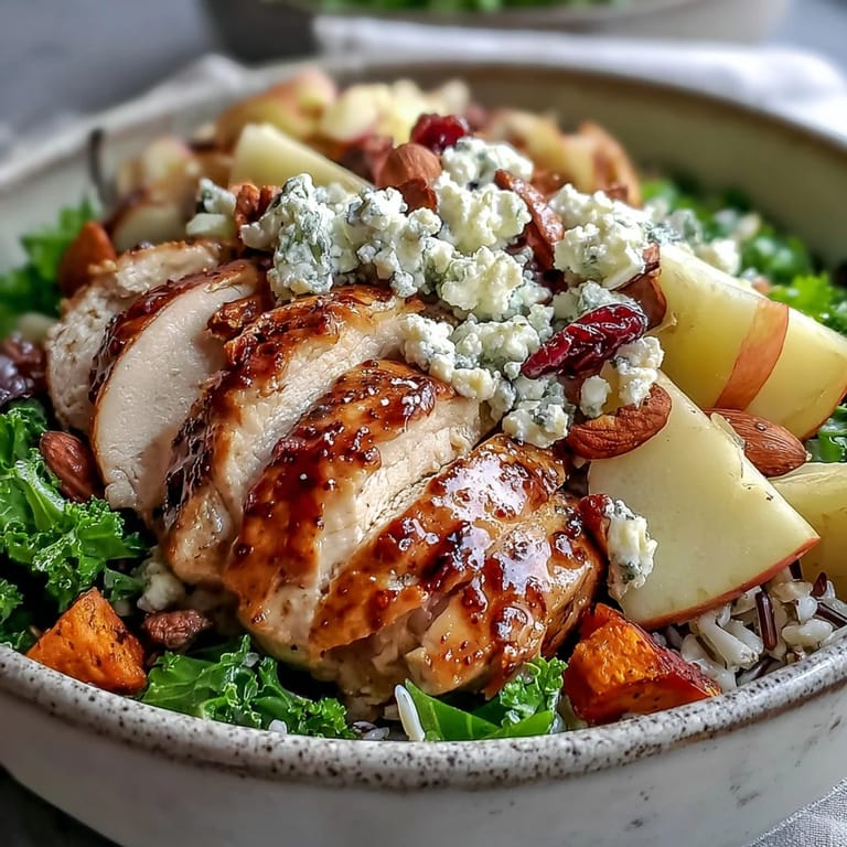 Golden roasted chicken and sweet potatoes top a hearty Harvest Bowl with kale, wild rice, and crunchy almonds.