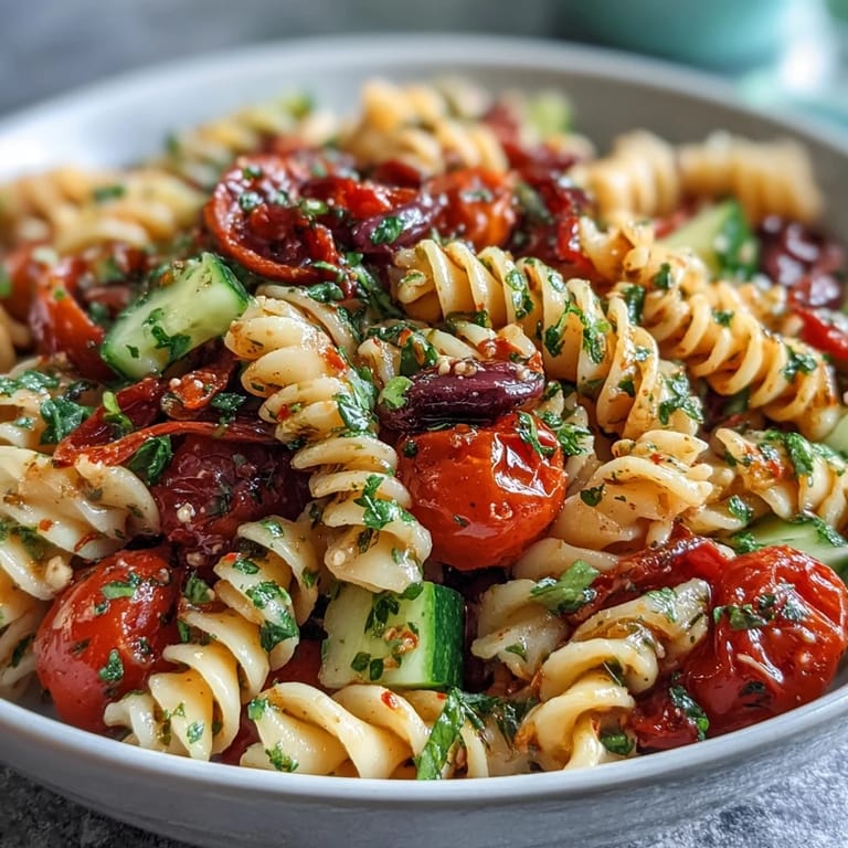 Cool, al dente pasta mixed with crisp cucumbers, red onion, and fresh herbs, all coated in tangy Italian dressing for a flavorful salad.