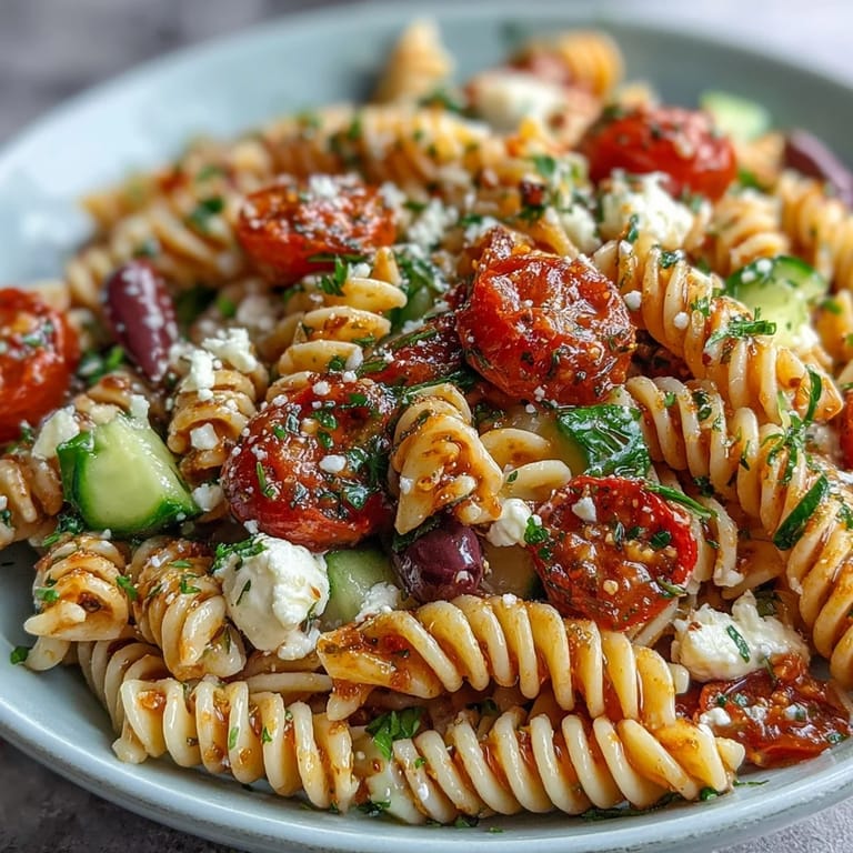A vibrant pasta salad featuring cherry tomatoes, bell peppers, and black olives, tossed in zesty homemade Italian dressing for a picnic-ready meal.  