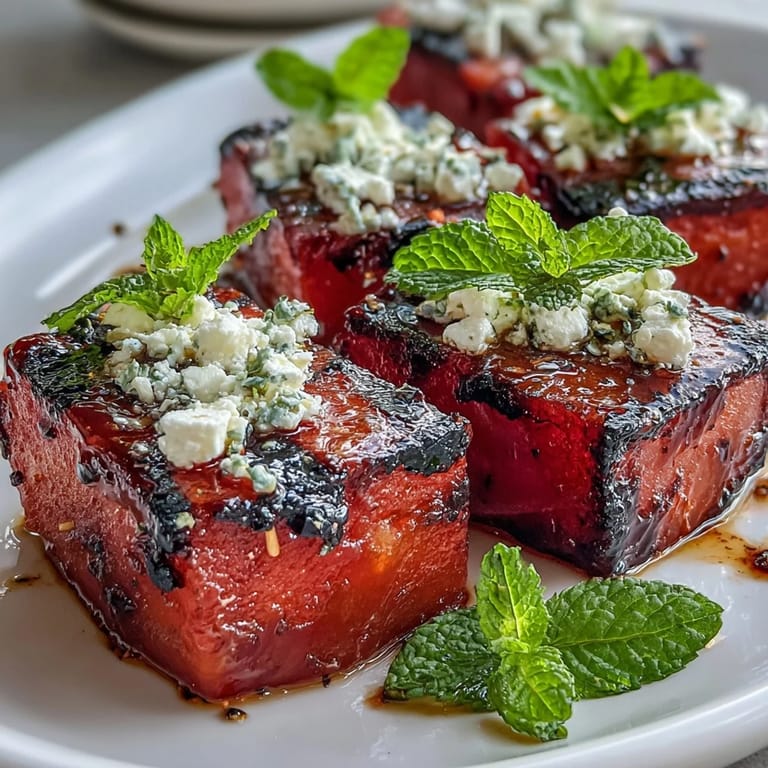 Colorful Grilled Watermelon Salad with Feta and Mint, combining juicy grilled fruit, tangy cheese, and vibrant greens for an easy Mediterranean appetizer.