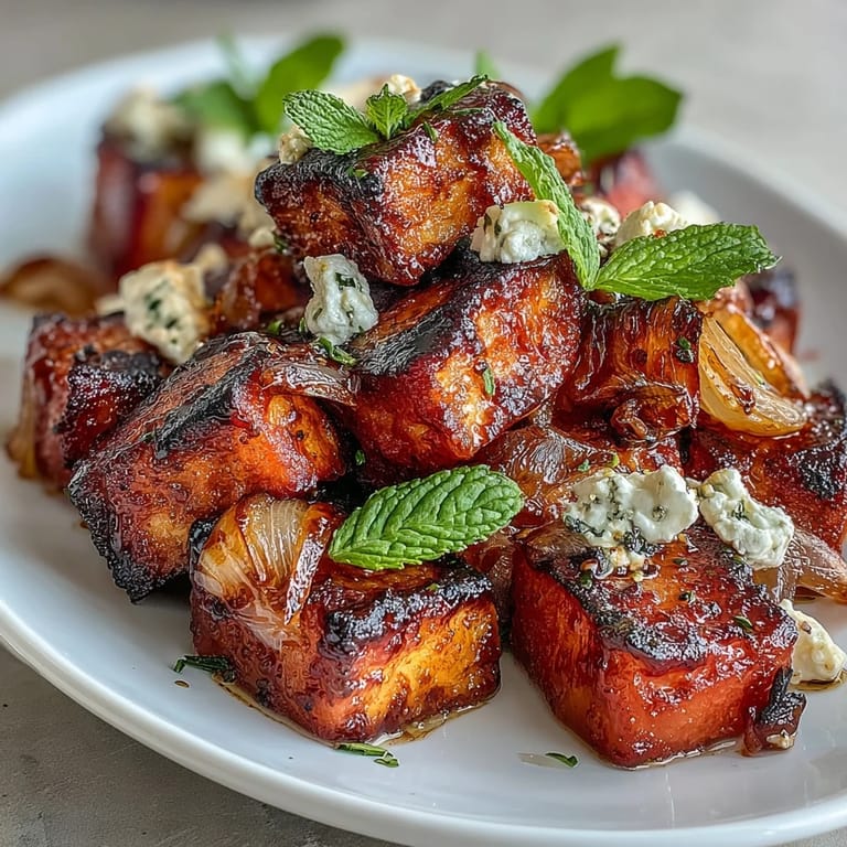 Sweet and smoky Grilled Watermelon Salad with Feta and Mint, served with arugula and balsamic glaze for a refreshing vegetarian dish.