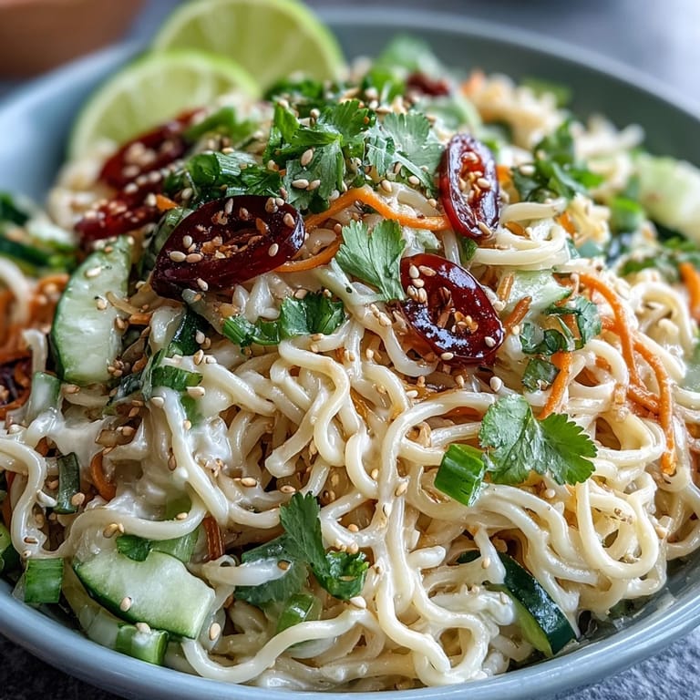 Chilled Cold Sesame Noodle Bowl with Cucumber: Silky noodles coated in nutty sesame dressing, served with crunchy cucumber, carrots, and fresh cilantro for a perfect summer meal.