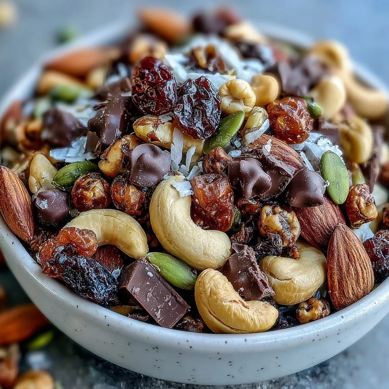 Energy-boosting Homemade Trail Mix with Dark Chocolate, featuring a medley of nuts, seeds, and sweet dried fruits, ideal for on-the-go adventures.