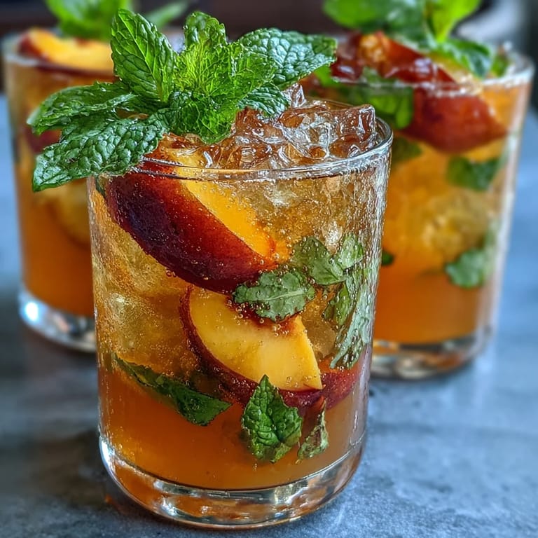 Refreshing summer mango peach sparkling tea, a fizzy blend of ripe fruit and chilled tea, perfect for hot days.  