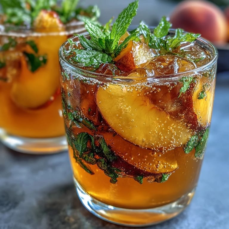 Colorful mango peach sparkling tea served over ice with fresh peach and mango garnish, ideal for parties.