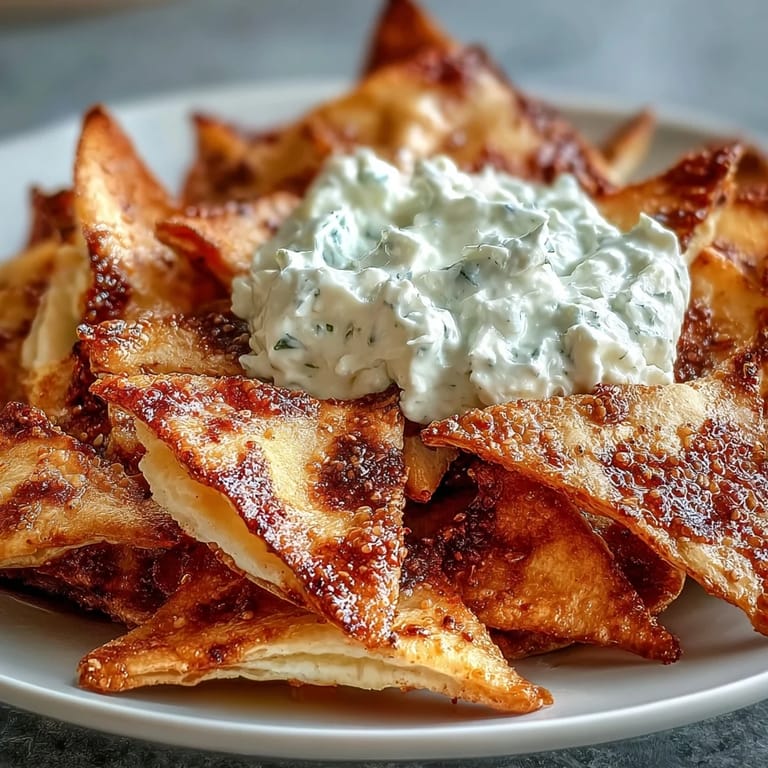 Crispy homemade pita chips and tangy tzatziki dip — a perfect vegetarian appetizer or light meal.