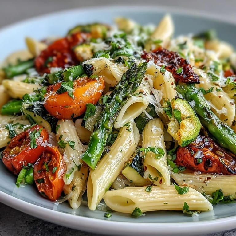 Plate of Spring Pasta Primavera featuring crisp asparagus, zucchini, and cherry tomatoes tossed with penne.