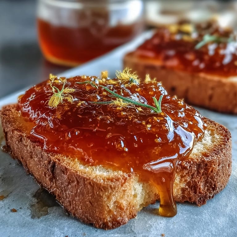 Close-up of a jar filled with homemade dandelion jelly, its translucent golden hue glistening with the essence of sunshine and fresh petals.
