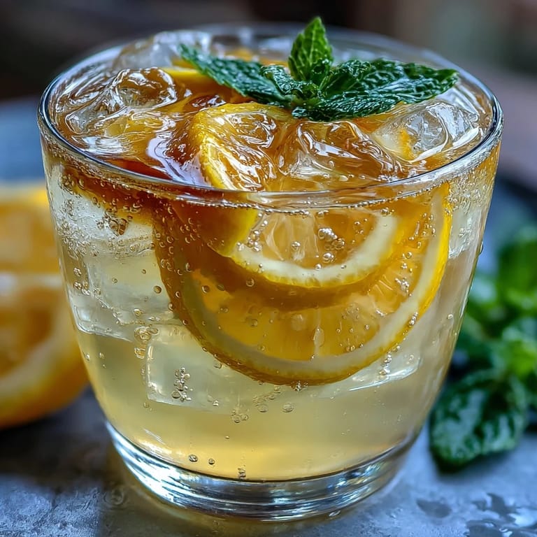 Naturally fermented lemonade bubbling gently, served over ice with a sprig of mint.