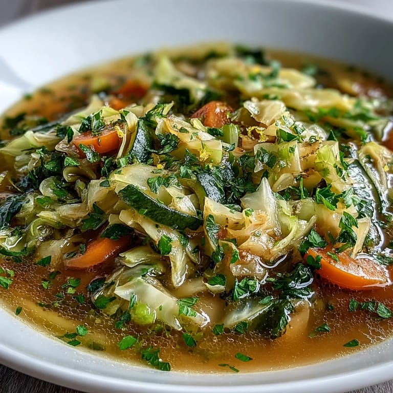 Spring Detox Cabbage Soup served with lemon wedges, garnished with parsley and turmeric for a bright, cleansing flavor.