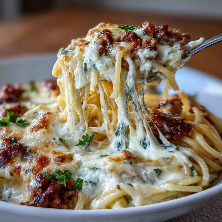 Indulgent Million Dollar Spaghetti baked with Alfredo sauce, seasoned meat, and melted cheese for a comforting dinner.