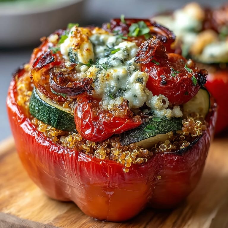 Colorful stuffed peppers filled with hearty quinoa, fresh veggies, and tangy goat cheese, perfect for a healthy vegetarian dinner.
