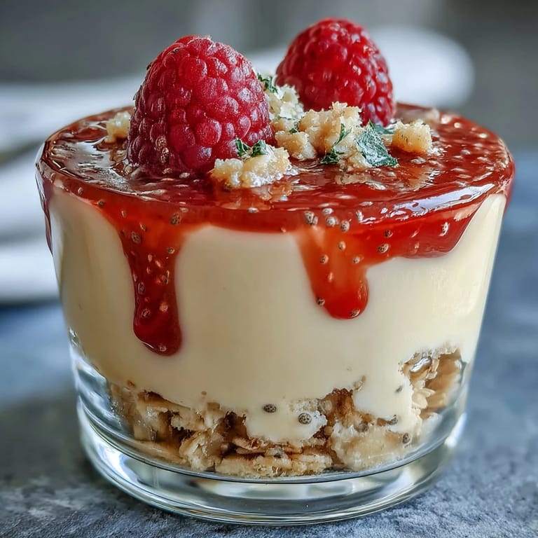 Bright lemon chia pudding parfait topped with raspberry compote and granola, perfect for a healthy breakfast or light dessert.