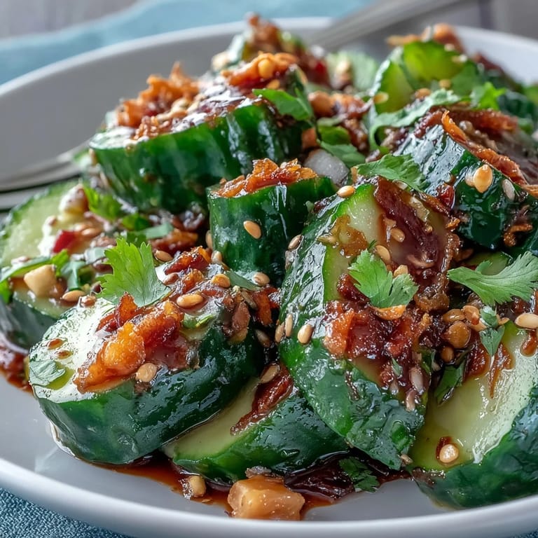 Vibrant smashed cucumber salad featuring bright rice vinegar, chili oil, and toasted sesame for a zesty vegan appetizer.