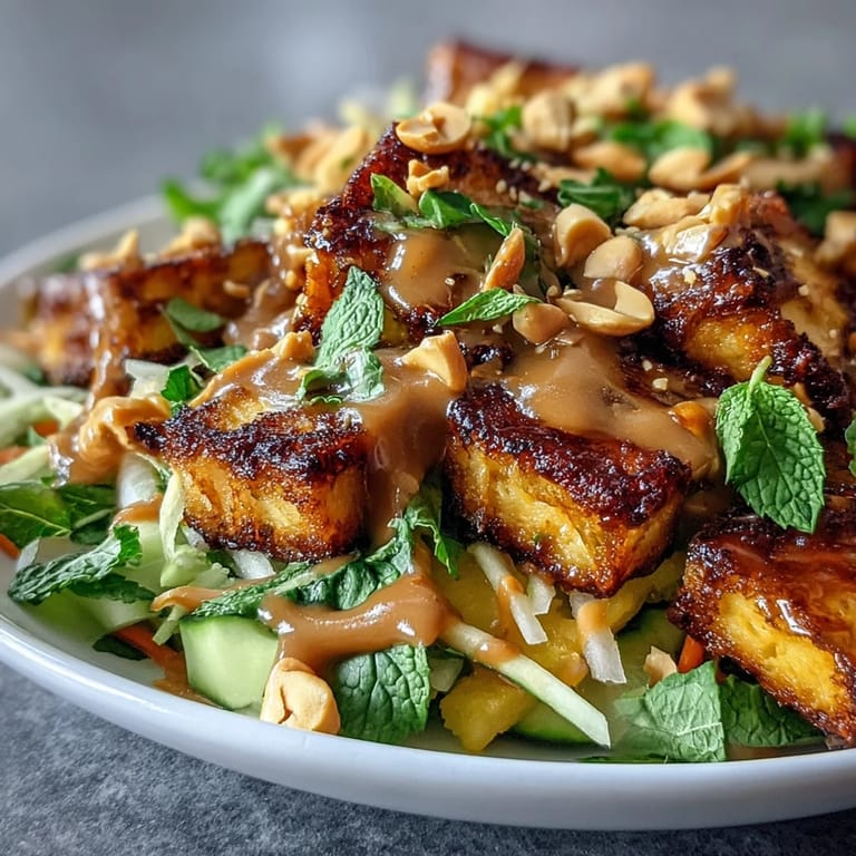 Enjoy this refreshing Thai Mango Salad topped with golden, seasoned, crispy tofu.