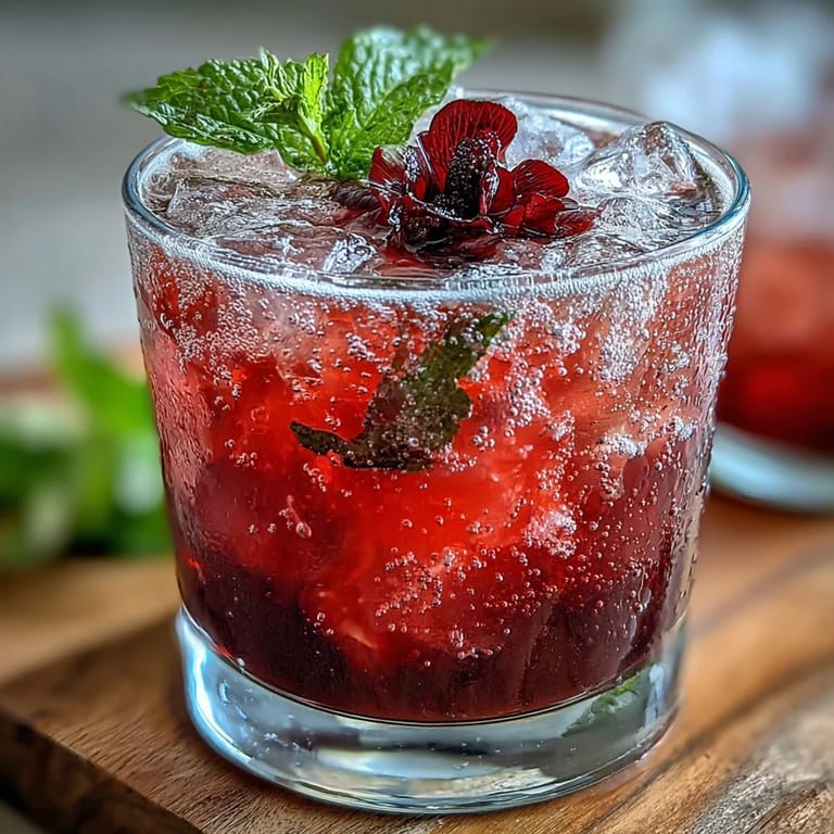 Golden hour glow on a glass of Sparkling Hibiscus Mint Lemonade Mocktail.
