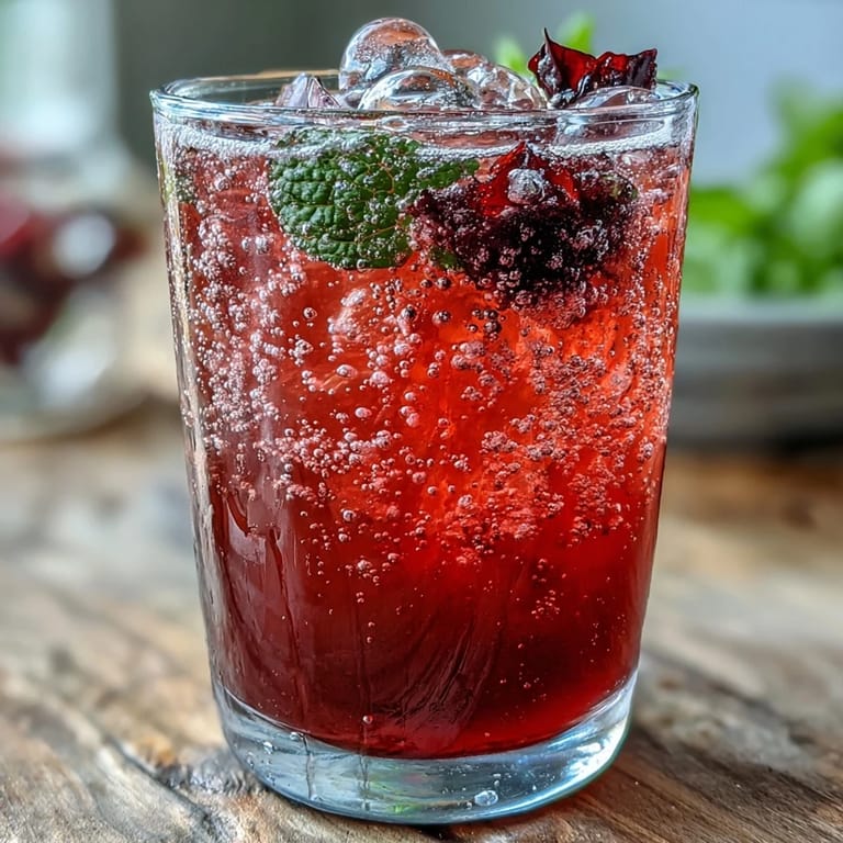 Refreshing Sparkling Hibiscus Mint Lemonade Mocktail, ice clinking, ready to sip.