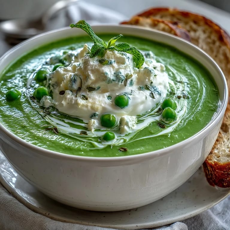 A refreshing bowl of Spring Pea Soup, dolloped with whipped ricotta.