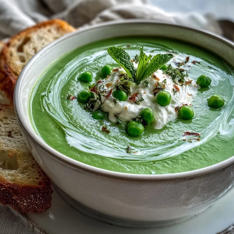 Smooth, bright green pea soup topped with fluffy ricotta and fresh mint.