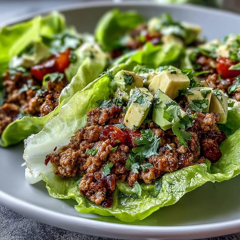 Vibrant, healthy Turkey Taco Lettuce Wraps piled high with avocado and cilantro.