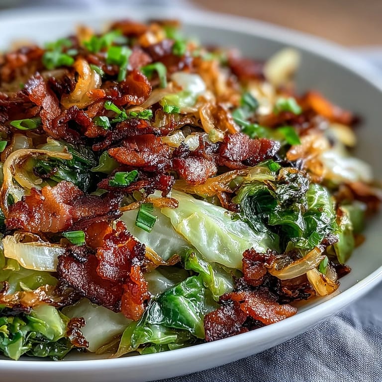 Tender sautéed cabbage, smoky bacon, and sweet onions pictured steaming hot.