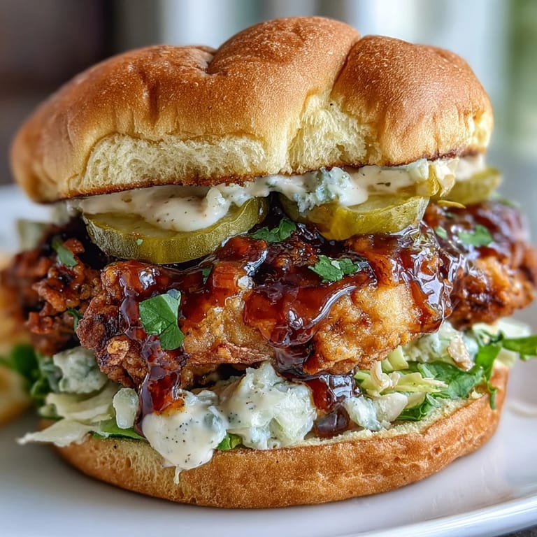 Juicy hot honey chicken sandwich, perfectly breaded and piled high with pickles.