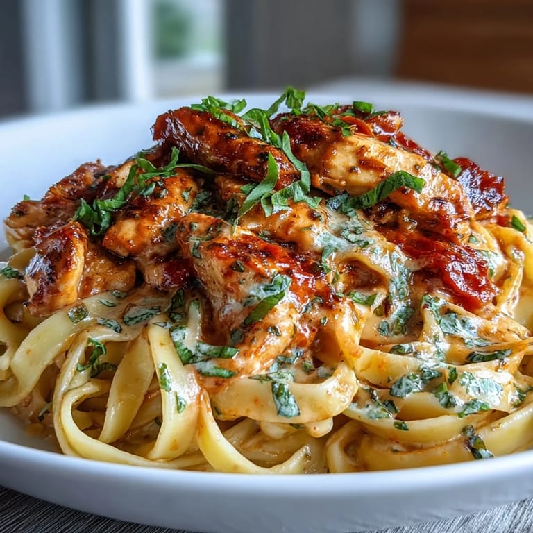 A comforting bowl of creamy tomato basil chicken pasta, ready to enjoy.