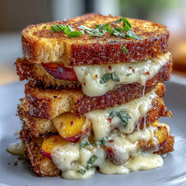 Golden toasted bread cradles sweet, spicy peaches and hot honey goodness.