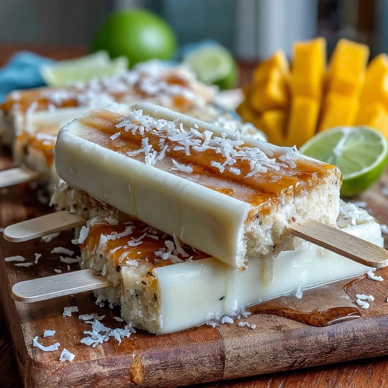 Frozen mango coconut chia ice pops, layered with juicy fruit and creamy goodness.