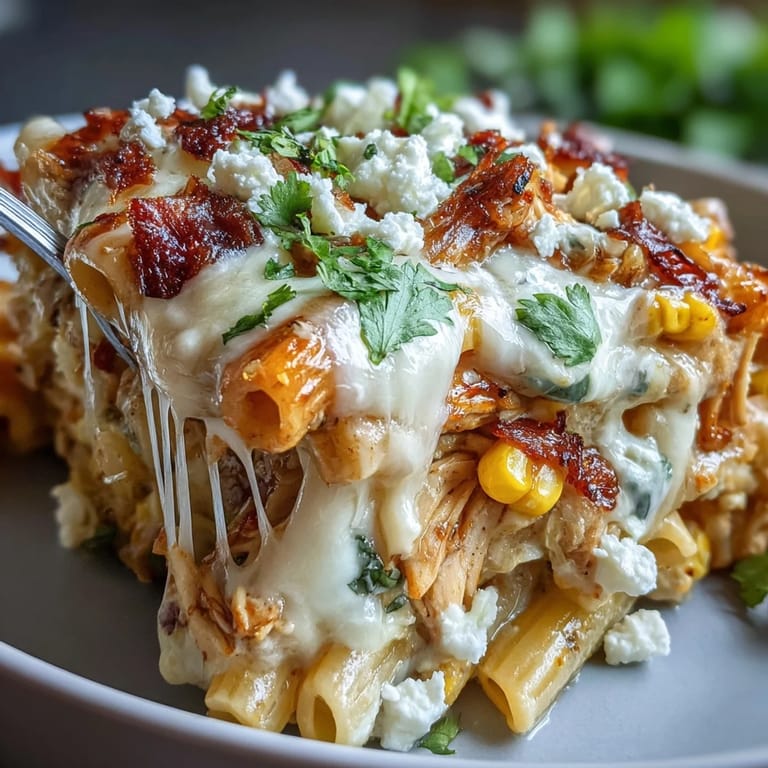 A hearty, cheesy Street Corn Chicken Pasta Bake ready for family dinner enjoyment.