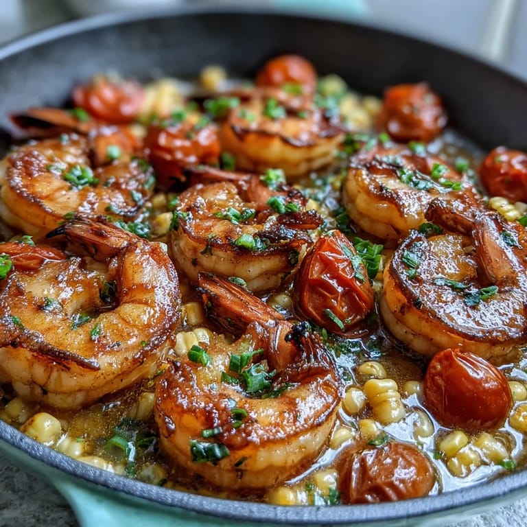Jeweled Garlic Butter Shrimp and Corn Skillet, ready for a quick dinner.