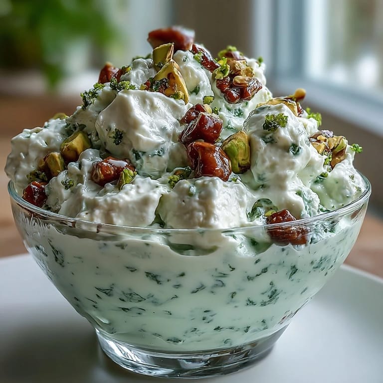 Sweet and tangy Cottage Cheese Pistachio Jello Salad, a delightful potluck crowd-pleaser.