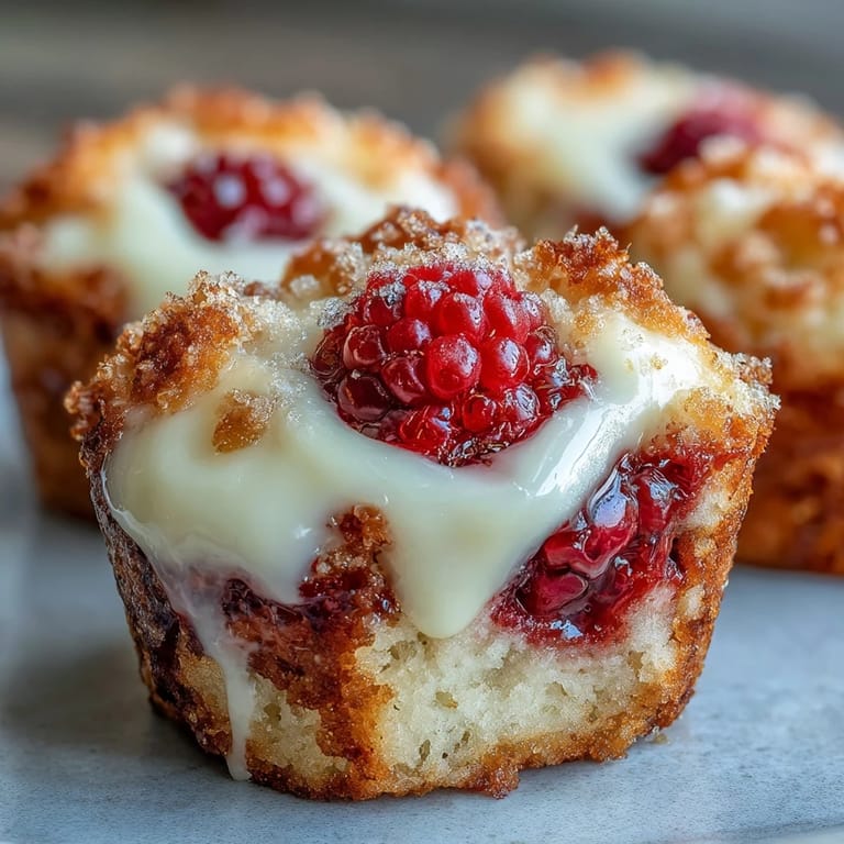 Close-up of moist raspberry cream cheese muffin bites, golden brown and tempting.