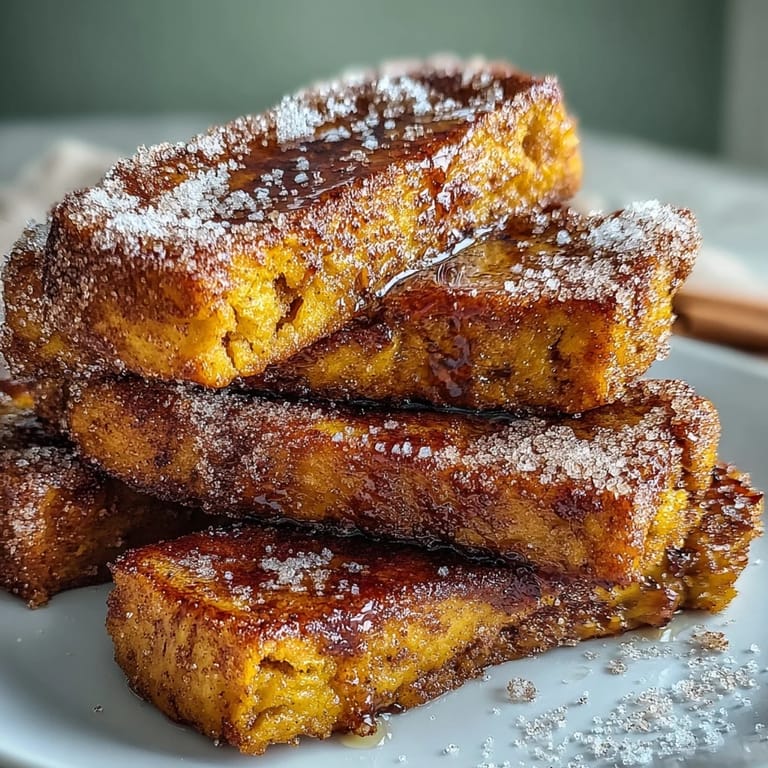 Warm, spiced pumpkin cinnamon toast sticks ready to be dipped in syrup.