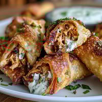 Golden-brown Mini Chicken Chimis with Jalapeño Cream Cheese sit on a rustic platter with green enchilada sauce for dipping.