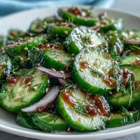 Bright red onions and fresh dill mingle with thinly sliced cucumbers in a glistening, tangy vinegar dressing. This vegetarian Refreshing Crunchy Cucumber Salad is served chilled in a white bowl.