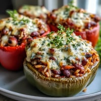 Brightly colored bell peppers stuffed with a hearty mixture of black-eyed peas, rice, and spices, baked until tender with melted cheese on top.