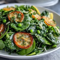 Bright lemon vinaigrette spring salad with radishes and peas in a white serving bowl