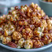 Sweet and salty popcorn mix with peanuts and caramel, perfect for baseball season snacking or movie night.