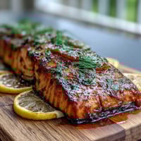 Cedar plank salmon with lemon and dill, grilled to smoky perfection and served with fresh citrus slices.