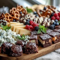 Grad Party Dessert Board with Mini Treats and Cake Slices, colorful assortment of mini brownies, lemon bars, and fruit tarts arranged on a wooden board with fresh berries and edible flowers.