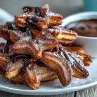 Bite-sized churro bites dusted in cinnamon sugar, golden and crispy, served with a luscious chocolate dipping sauce for a festive Cinco de Mayo treat.