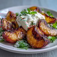 A colorful summer salad with grilled peaches, creamy burrata, and a drizzle of honey, perfect for warm evenings.