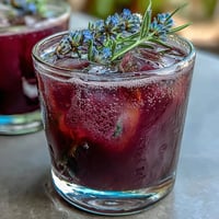 Refreshing purple lavender lemonade refresher with vibrant citrus and soothing floral notes, served over ice with fresh lemon slices and lavender sprigs.